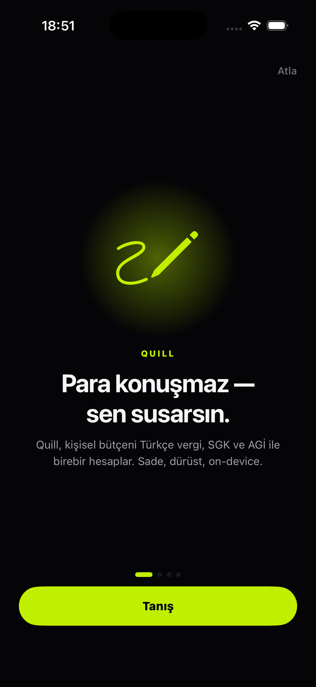 Quill onboarding ekranı